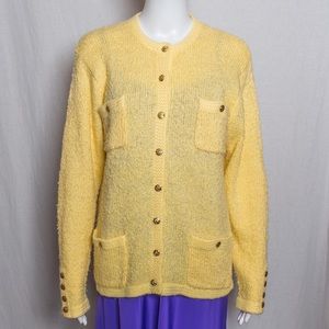 80s Vintage Cardigan, Yellow with Gold Buttons. Textured Knit Sweater. Medium